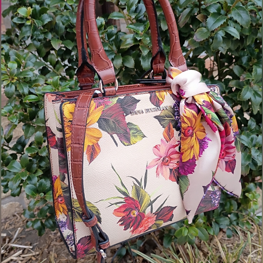 Dana Buchman Multicolored Yellow Pink Purple Floral Spring Garden Scarf Satchel